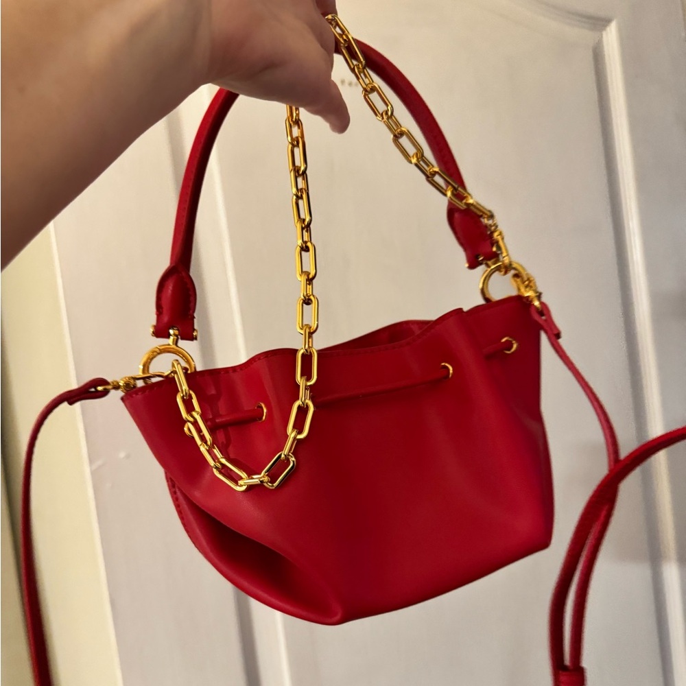 Gorgeous Charles & Keith Red Mini Bucket Bag with Gold Chain - Picture 4 of 5